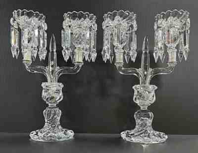 PAIR OF BACCARAT CRYSTAL BAMBOUS SWIRL CANDELABRA WITH PRISMS AND BOBECHE