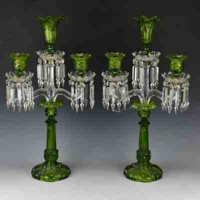 Large Pair of Antique Glass 3 Light Candelabras Possibly Baccarat