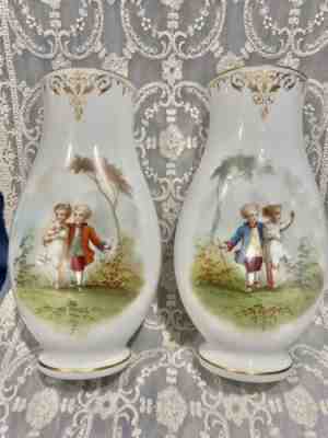 10â? Antique French Bohemian Baccarat White Opaline Glass Vases Hand Painted