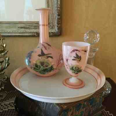 c1875 Baccarat night service pink opaline antique painted bird cup tray decanter