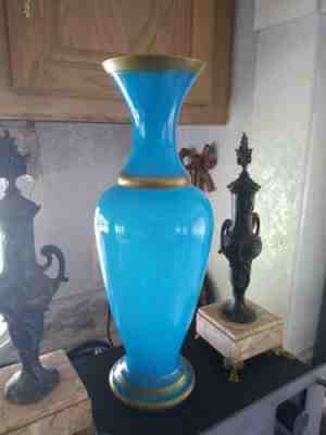 Large 16 In Robins Egg Blue Gold Guild French Baccarat Opaline Glass Vase