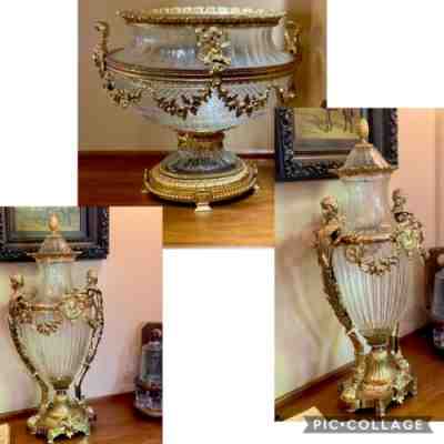ð??º Baccarat StyLe 3 Glass + BRONZE GiLt NeoClassical Urns OvAL Vase