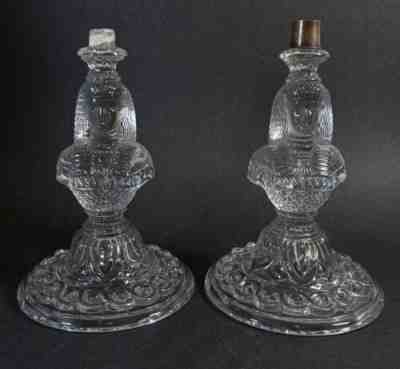 Pair 1870 St. Louis Baccarat Glass Egyptian Sphinx Lamp Luster Candelabra Bases