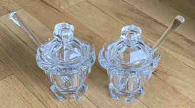 Pair of Baccarat Crystal Lidded Jam Condiment Jars and Spoons Missouri Pattern