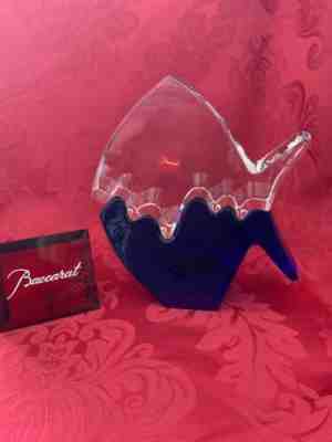 Near FLAWLESS Glass BACCARAT France Crystal BLOW FISH Cobalt WAVES 2Piece Figure