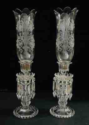RARE Pair Baccarat Crystal Candelabras Hurricane Whit Prisms 22â?