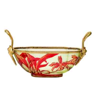 Baccarat Gilt Bronze Mounted Acid Etched Cameo Art Glass Centerpiece Green & Red