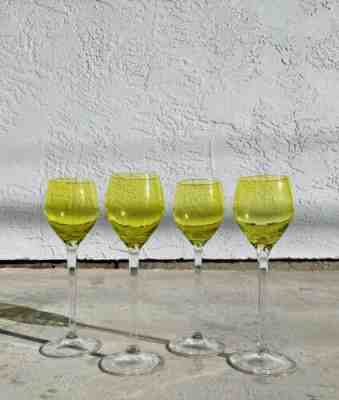 RARE! Set Of 4 VINTAGE Val St.Lambert ROEMER WINE GLASS CRYSTAL Yellow GREEN