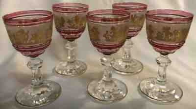 Val St Lambert Rose Cut To Clear Cranberry 5 Goblets Beaudoin