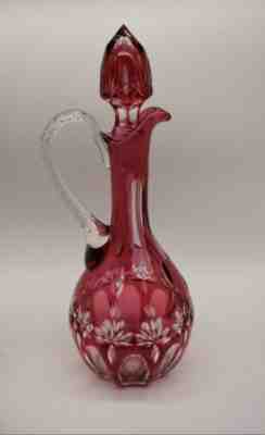 Val St Lambert 14-1/2" Handled Decanter Cranberry Cut to Clear Crystal Fans