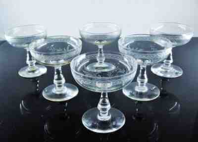 ANTIQUE 6 CRYSTAL CHAMPAGNE CUPS Wheel Engraved MODEL FERNS BACCARAT