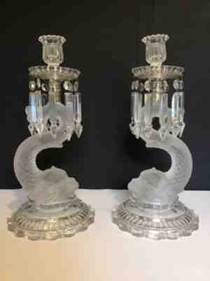 A Pair of Baccarat Dauphin / Dolphin frosted and clear crystal candle holders