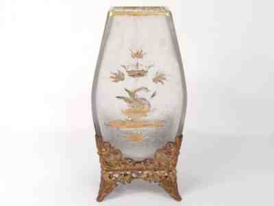 Vase Crystal Frosted Baccarat Gilt Swan Crown Brass New Art 19th