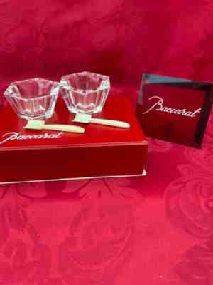 NIB FLAWLESS Stunning 2 BACCARAT HARCOURT Crystal SALT DIP CAVIAR CELLARS SPOONS