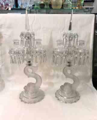 Pair of crystal candlesticks / sunflowers signed BACCARAT DOLPHIN decor 58 cm