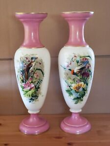 Baccarat 19th C. French Opaline Glass Hand Painted Vase Vintage Antique Set Of 2