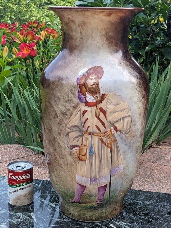 20" tall Baccarat Opaline Floor Vase  w/ Hand Painted Musketeer - dated 1877