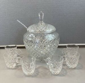 SIGNED VINTAGE BACCARAT LIDDED PUNCH BOWL SET w/LADLE & 6 CUPS "