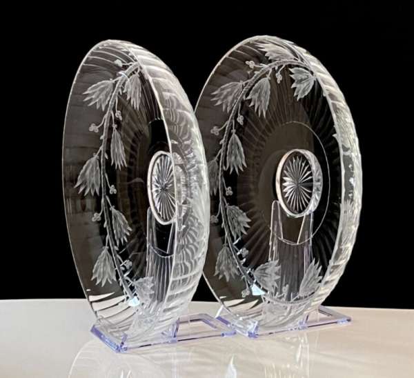 Pair of Antique French Baccarat Engraved Cut Crystal Plates Replacement 19th c
