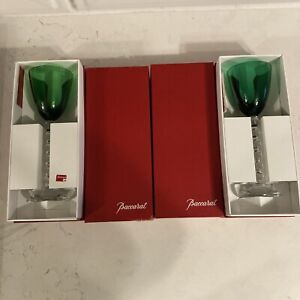 Set of 2 Baccarat France 'Vega' Emerald Green Rhine Wine Glass with Boxes