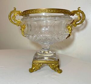 Large antique French Baccarat dore bronze mounted crystal centeroiece urn vase