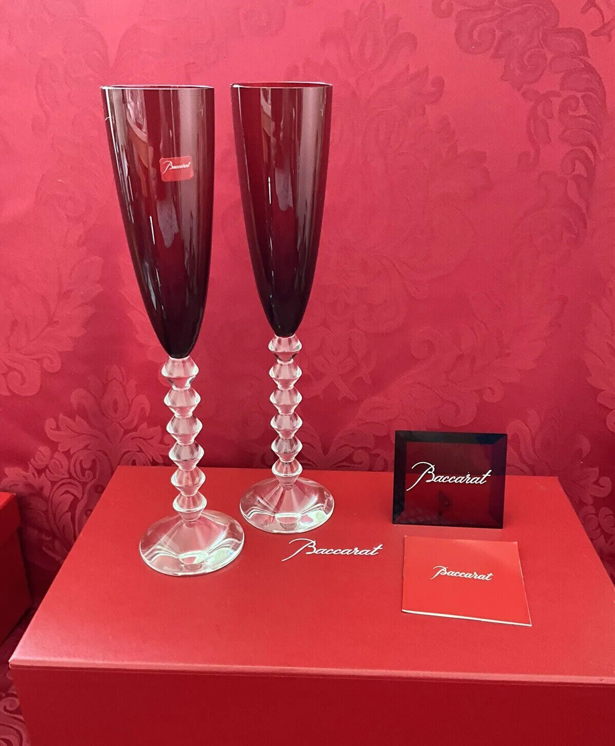NIB FLAWLESS Red BACCARAT France 2 VEGA Glass FLUTISSIMO Crystal CHAMPAGNE FLUTE