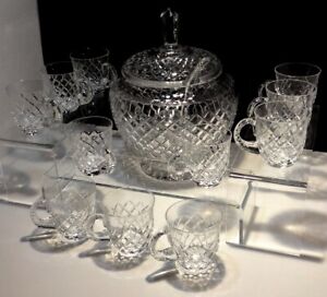 VINTAGE BACCARAT LIDDED PUNCH BOWL SET w/LADLE ~ 11 PUNCH CUP ~ SIGNED BACCARAT