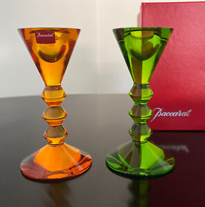 BACCARAT VEGA Green Amber Crystal CANDLESTICK HOLDER SET OF (2) Rare Colors