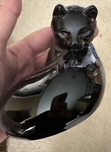 MINT! BACCARAT CRYSTAL 4-1/2" BLACK CAT RECLINING GROOMING  FIGURINE
