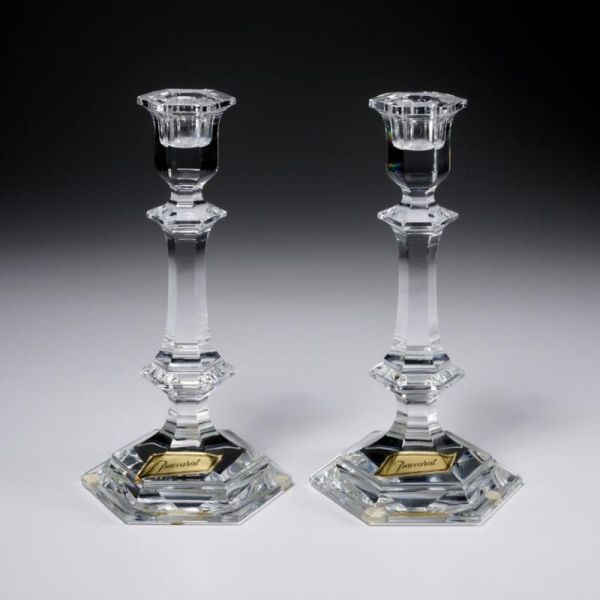 Pair Baccarat France Cut Crystal Harcourt 1841 Candlesticks 9in Baccarat Label