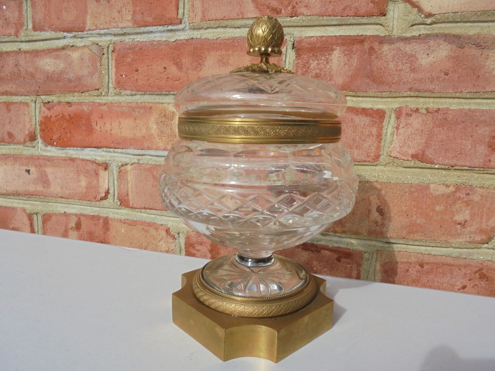 Baccarat France Cut Crystal Glass Bronze Ormolu Mounted Cov Box Urn 8 1/4"