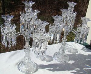 Pair BACCARAT ART GLASS CRYSTAL Medallion 4 ARM CANDELABRA 78 PRISMS -- Nice!