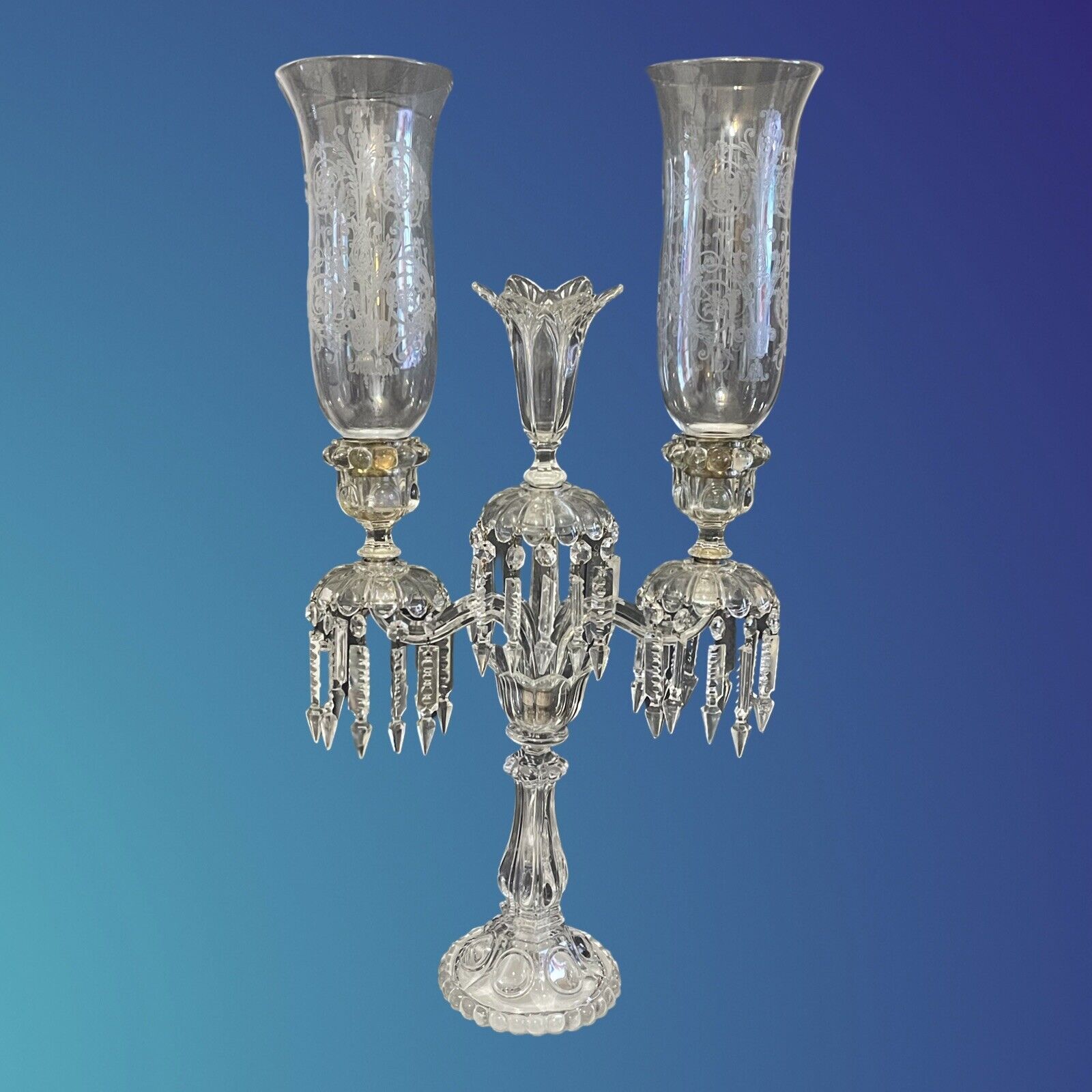 Old Three Light Baccarat Crystal Candelabra Candle Holder / Hurricanes