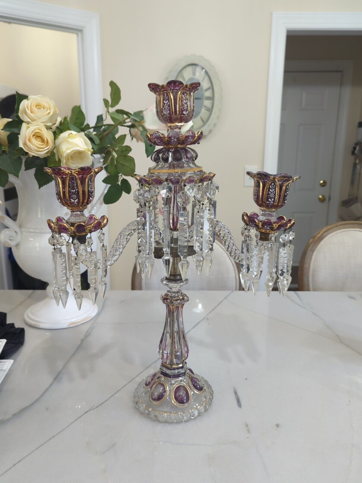 Baccarat? Crystal Glass Candelabra  Prism Lusters Bohemian Gold Amethyst Vtg