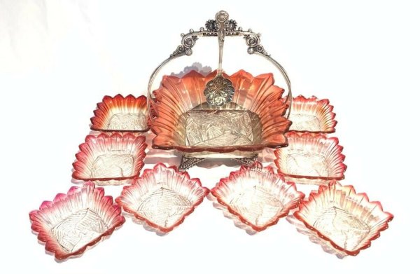 Dessert Set, Baccarat Rose Tiente Art Glass, Master Bowl Set on Elaborate Meride