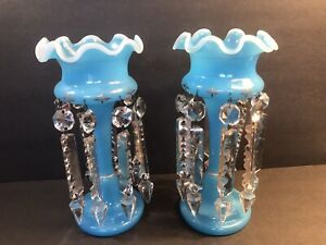 Antique Pair Of French Opaline Glass Lusters/ Candleholder/ C. 1920/ Baccarat