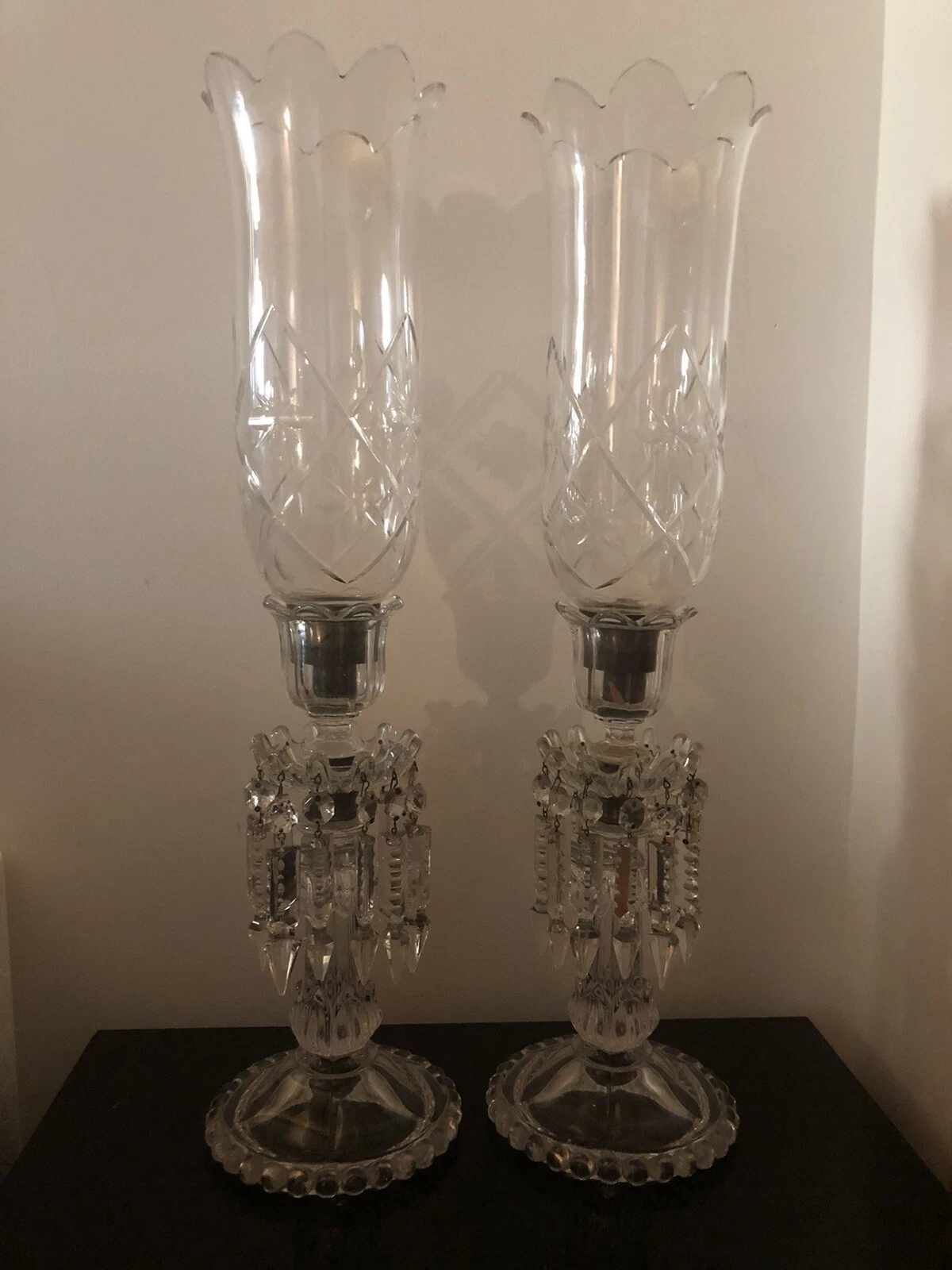 Pair of antique Baccarat Hurricane Candleholders/Crystal France 1920 Medaillon
