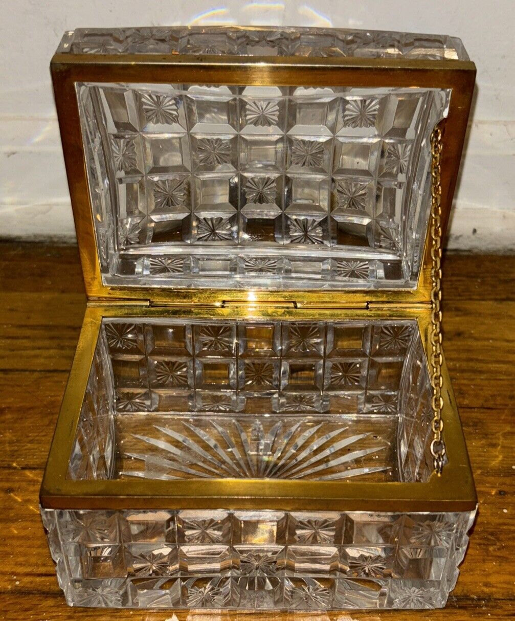 Antique Signed Baccarat France Casket Cut Crystal Glass Heavy Dore Bronze Box
