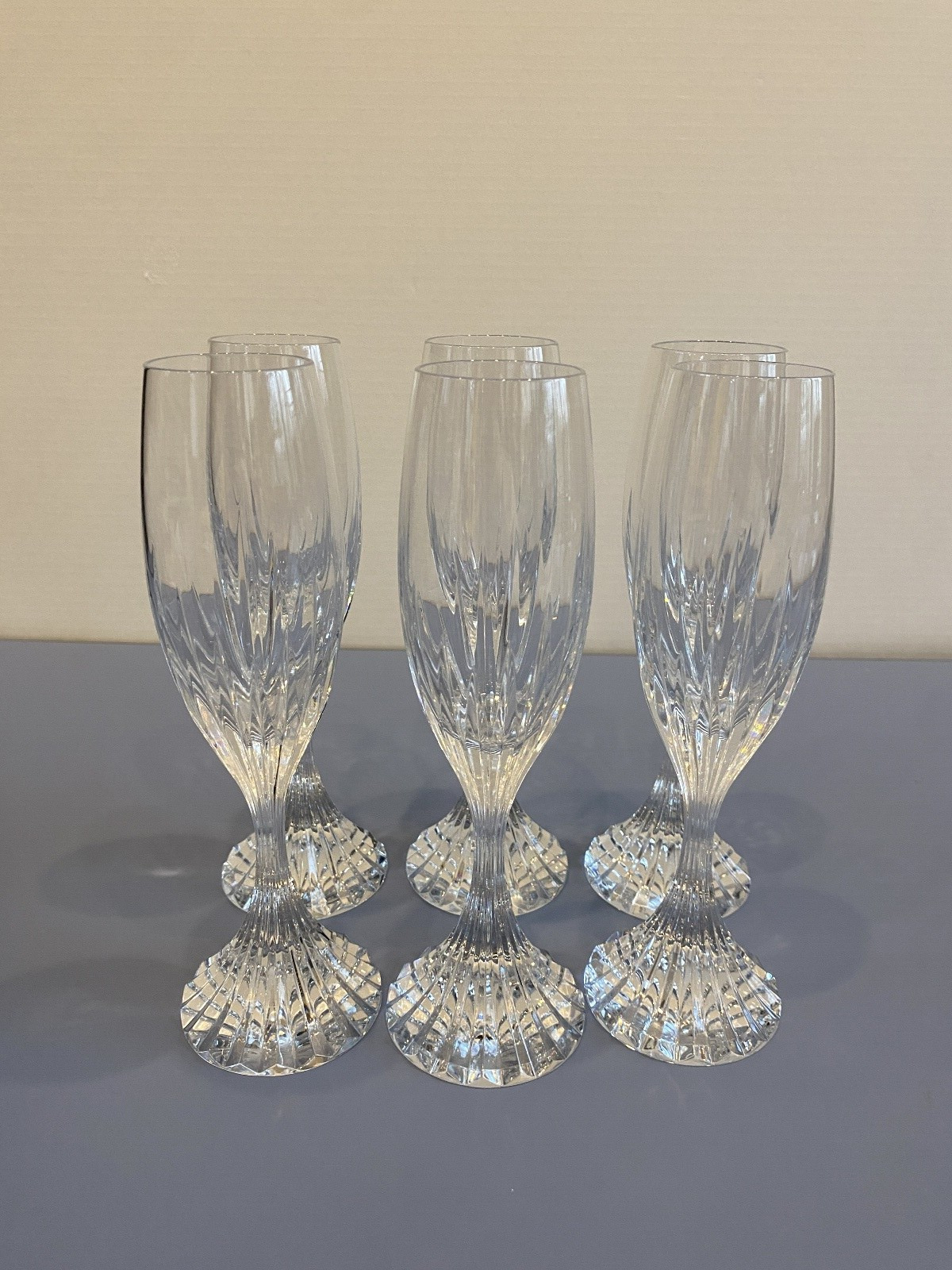 STUNNING VTG SET 6 BACCARAT MASSENA Crystal Champagne Flutes SIGNED 8.5"H FRANCE