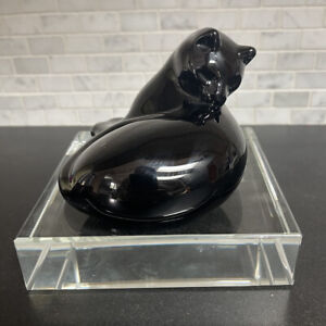BACCARAT Black Crystal Grooming / Reclining Cat Figurine w/Stand
