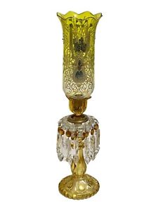 19th C. French Baccarat Amber Enamel Deco Candelabra w/ Prisms & Hurricane