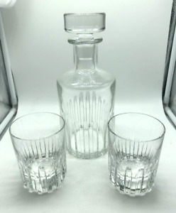 BACCARAT Vintage France Glass Rotary Crystal Decanter, Stropper & 2 Tumblers