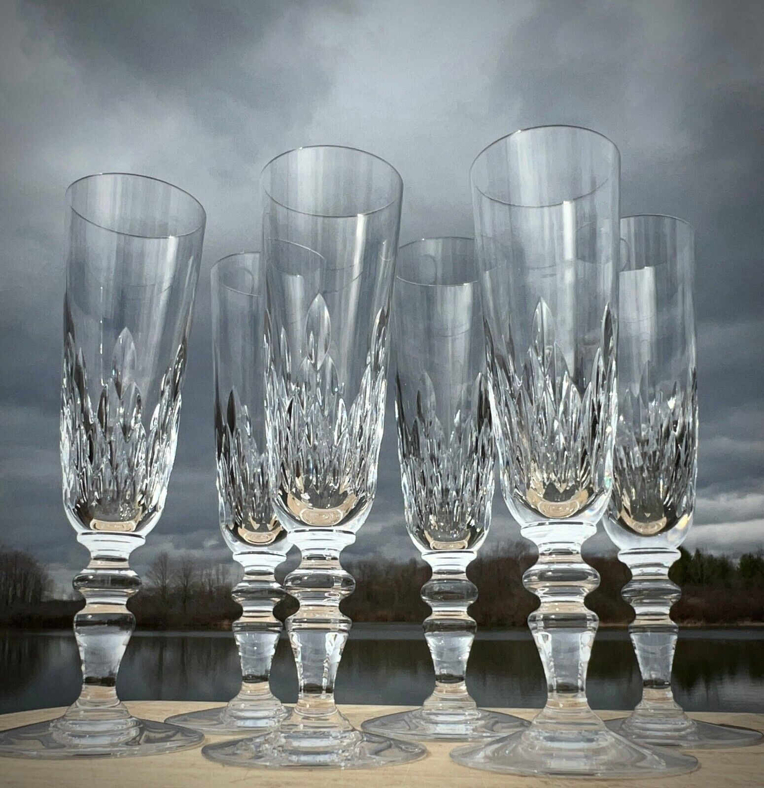 6 Piece Set Baccarat for Tiffany Full Lead Crystal "Nemours" Champagne Flutes