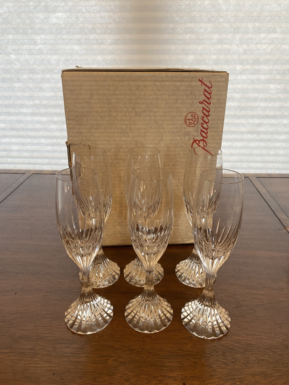 VTG SET 6 BACCARAT Crystal MASSENA Champagne Flutes W/BOX SIGNED 8.5"H FRANCE