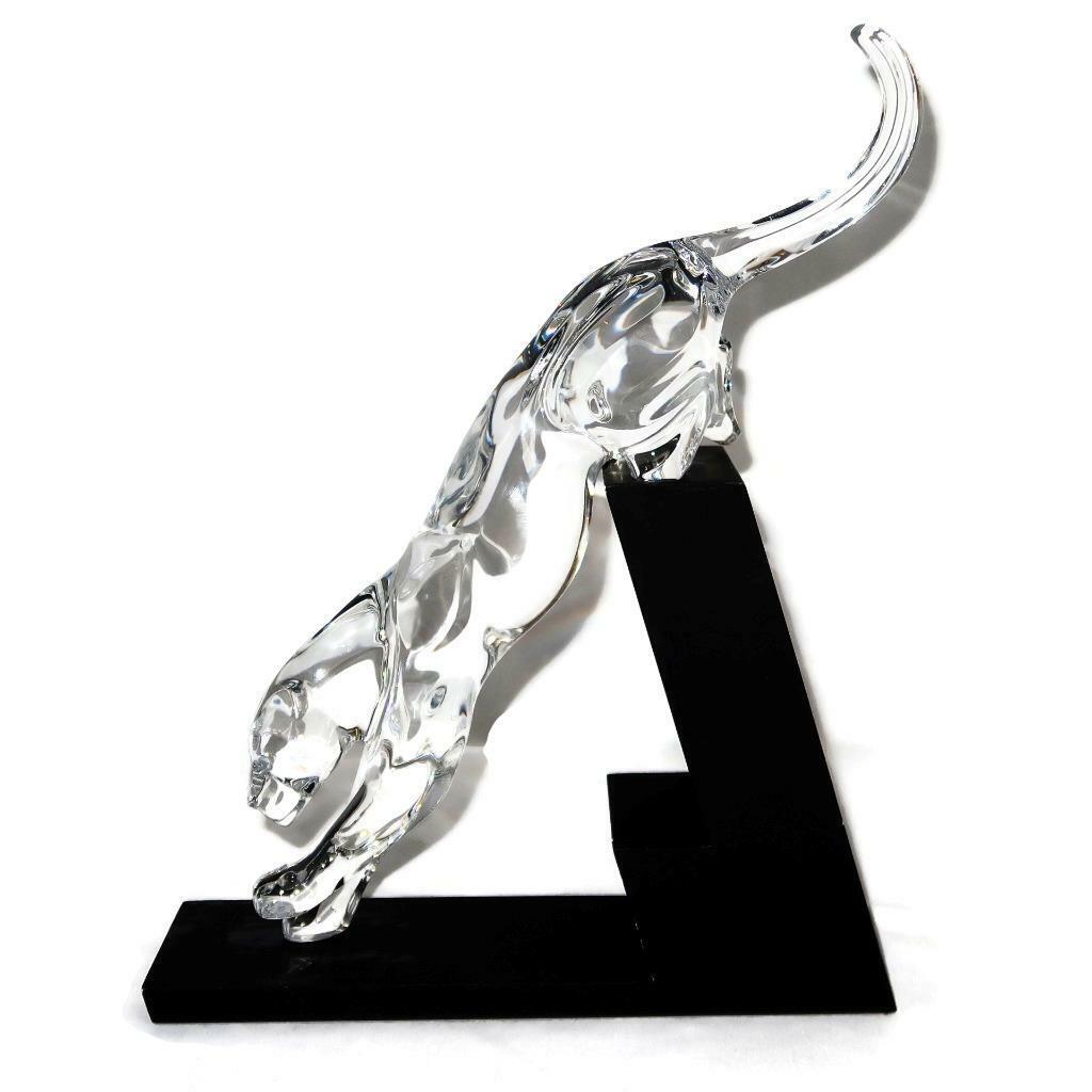 Baccarat Crystal Clear Leaping Panther on Black Stand, 12 3/4" Tall