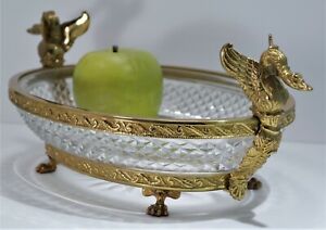 French Baccarat style Ormolu Bronze Swans & Diamond Cut Crystal Centerpiece