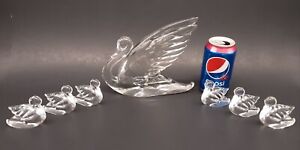 HEISEY Elegant Glass Crystal Large MOTHER SWAN & 6 BABY CYGNETS Animal Figurines