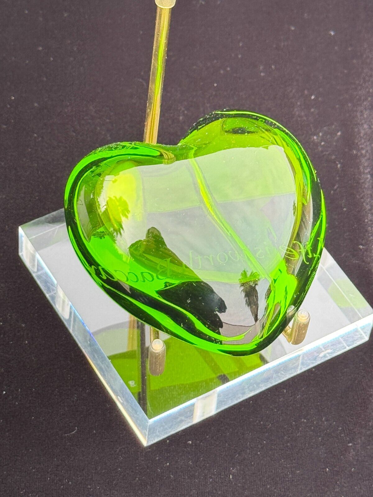 Rare Green Puffed Bacarat Heart Paperweight Inscribed "Life is worth baccarat!"