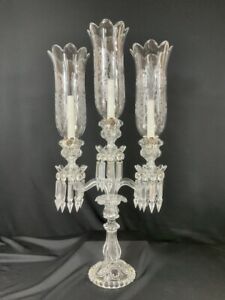 RARE BACCARAT 3-LIGHT CANDELABRA / CANDLE HOLDER ETCHED HURRICANE SHADE MINT