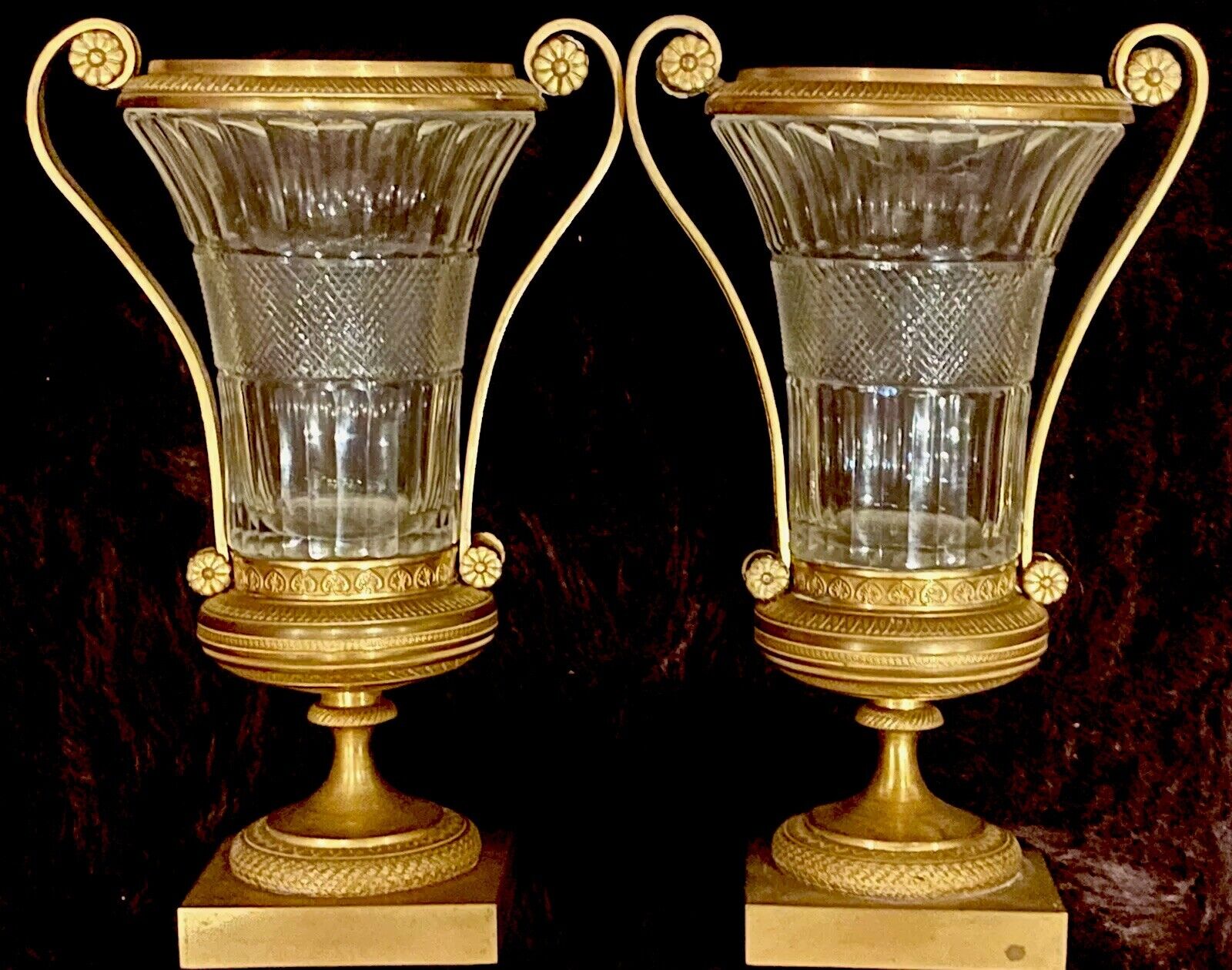 PAIR ANTIQUE FRENCH ORMOLU BRONZE BACCARAT CRYSTAL GLASS URNS VASES GARNITURES